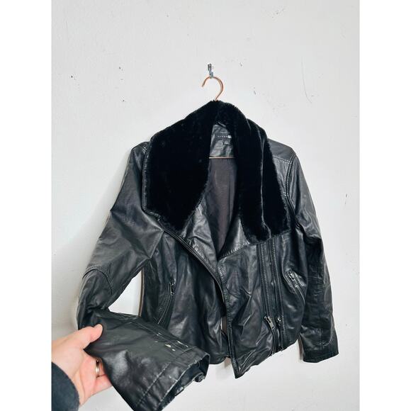 SLATE & WILLOW Black 100% Lambskin Leather Faux Fur Lapel Leather Jacket sz L - Picture 3 of 16